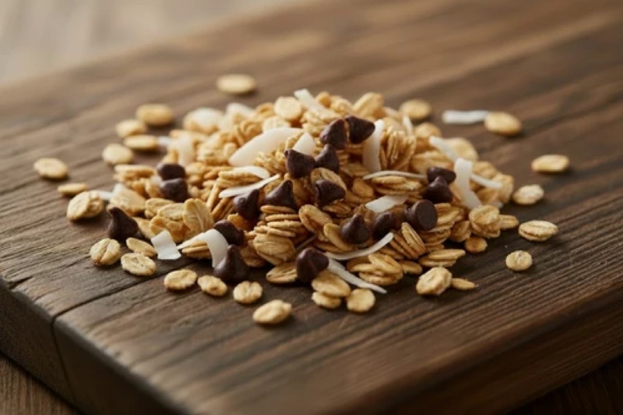 Close-up of sugar-free chocolate chip granola clusters with coconut flakes