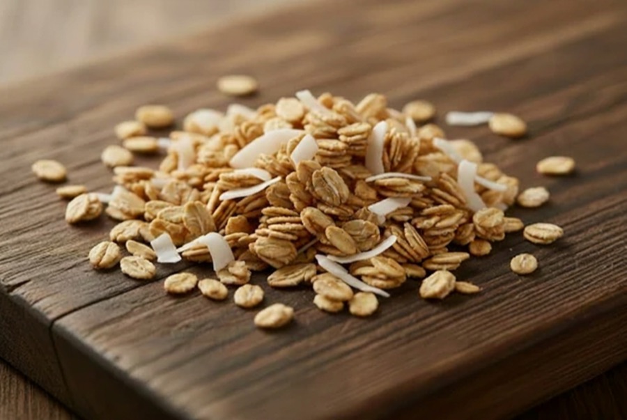 Close-up of plain granola clusters with toasted oats and coconut flakes