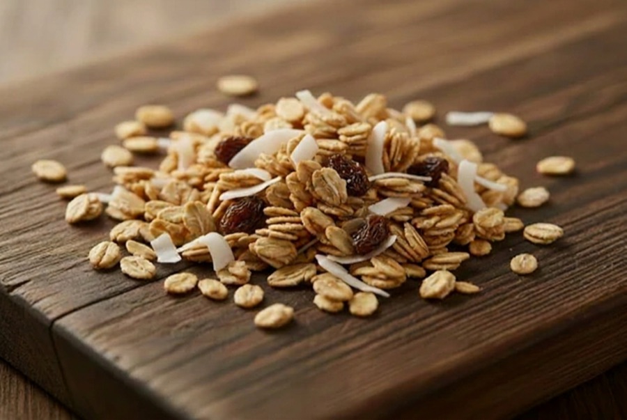 Close-up of raisin granola clusters with toasted oats and coconut flakes