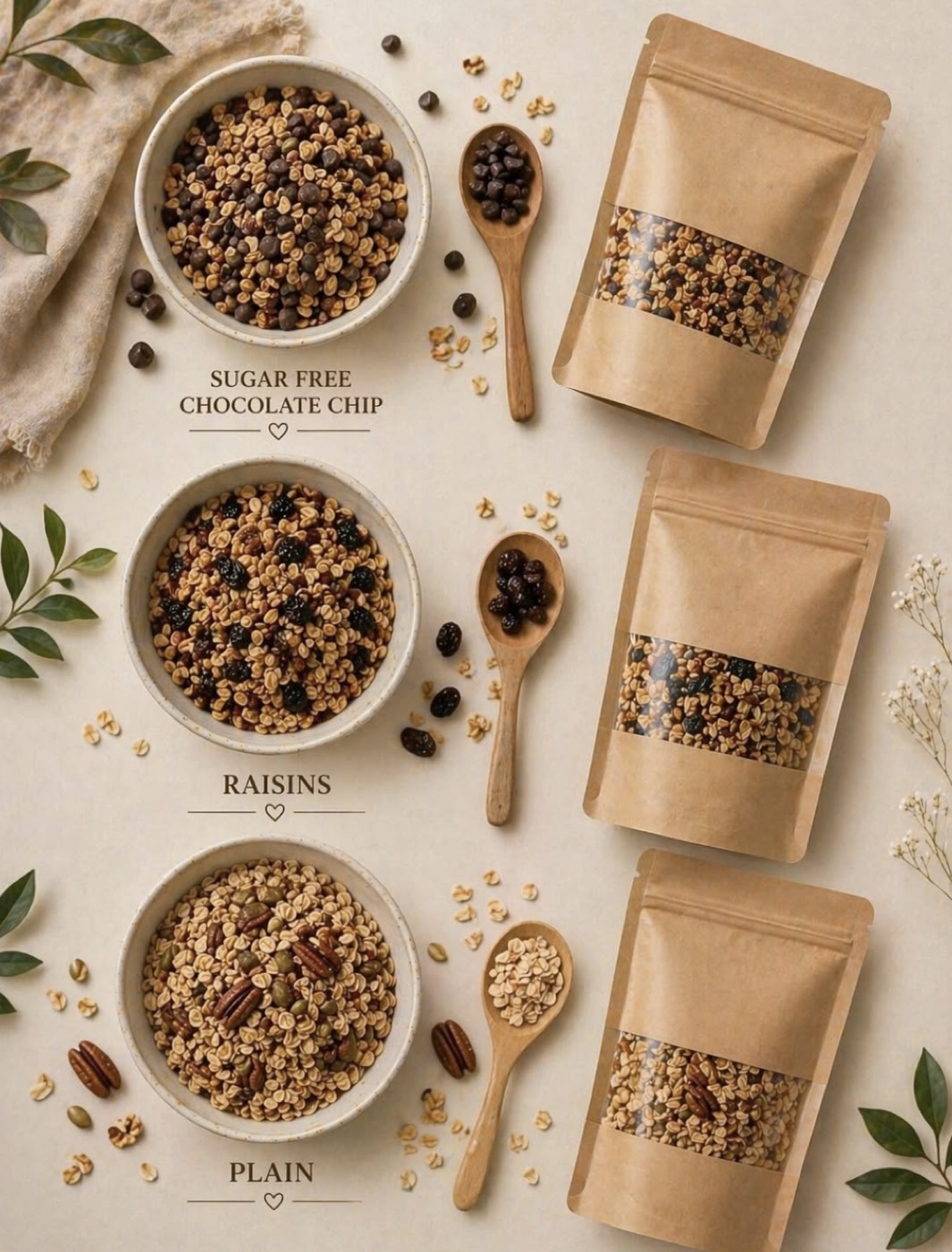 Three flavors of granola in labeled bowls next to packaged kraft-paper bags: Sugar Free Chocolate Chip, Raisins, and Plain