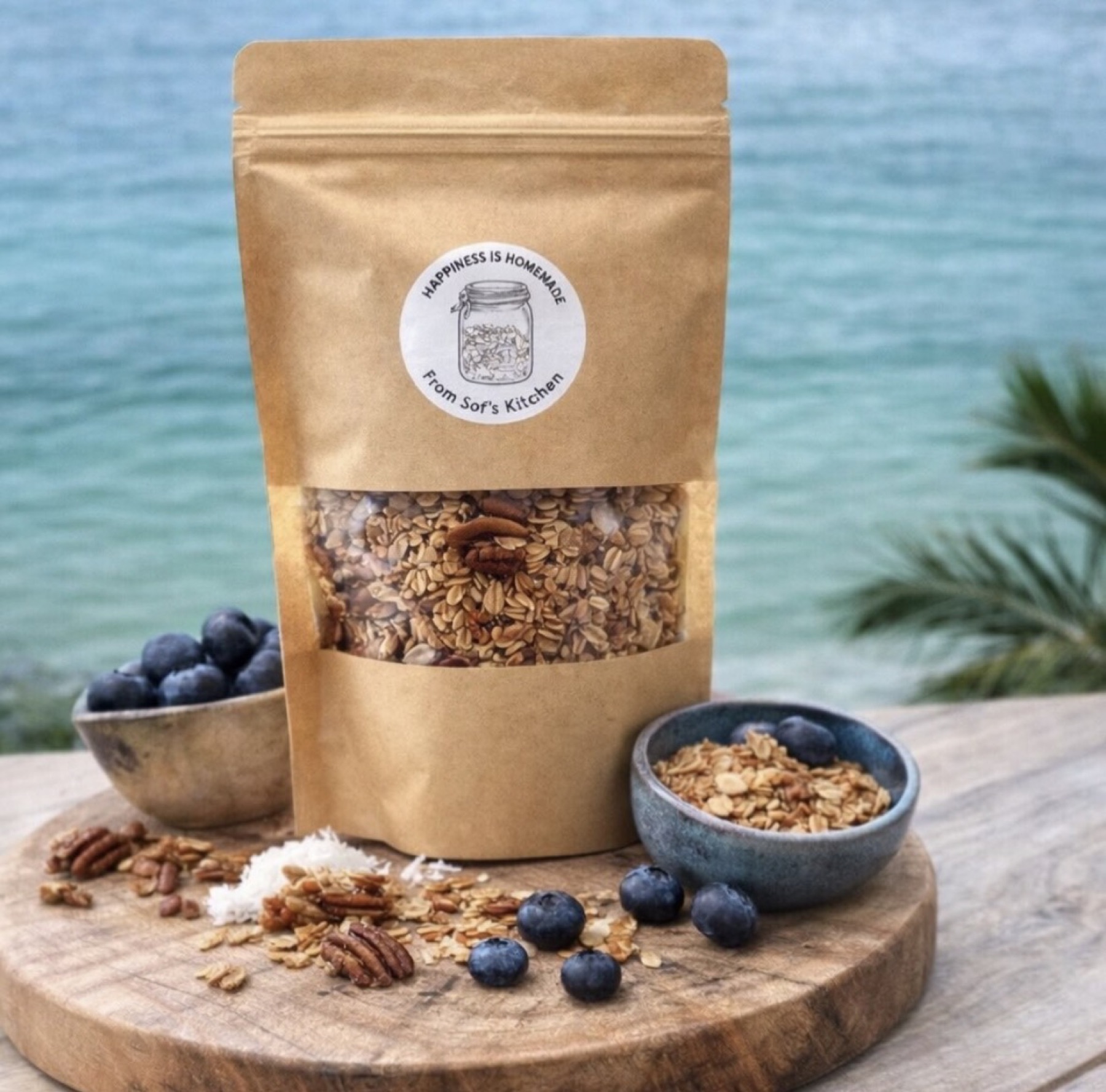 A kraft-paper bag of Sof's Kitchen granola with pecans and blueberries, set on a table by the water in Miami