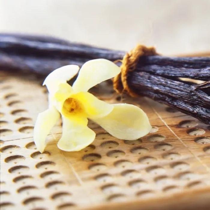 Whole vanilla beans tied in a bundle beside a vanilla flower